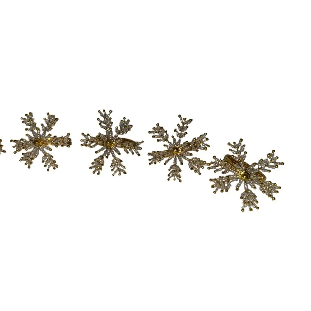 Set 6 White Clear Seed Beaded Gold Winter Christmas Snowflake Napkin Rings